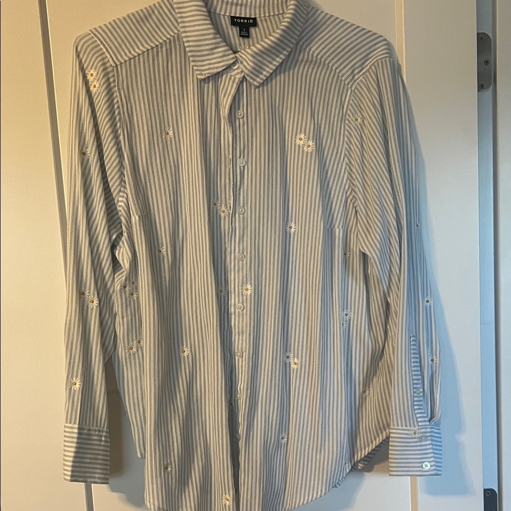 torrid Light Blue and White Striped Button-Down with Daisy Embroidery